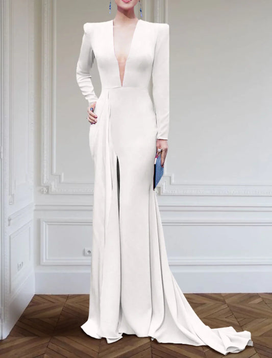 A-Line Evening Gown Elegant Black Champagne Dress Dress Formal Sweep / Brush Train Long Sleeve V Neck Stretch Fabric