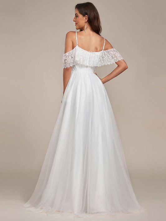 Cold Shoulder Lace High-Low No Veils Wedding Dress