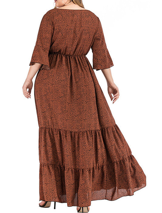Women's Plus Size Prom Dress Party Dress Wedding Guest Dress Long Dress Maxi Dress Brown 3/4 Length Sleeve Summer Spring Fall V Neck Elegant Wedding Guest Birthday Evening Party