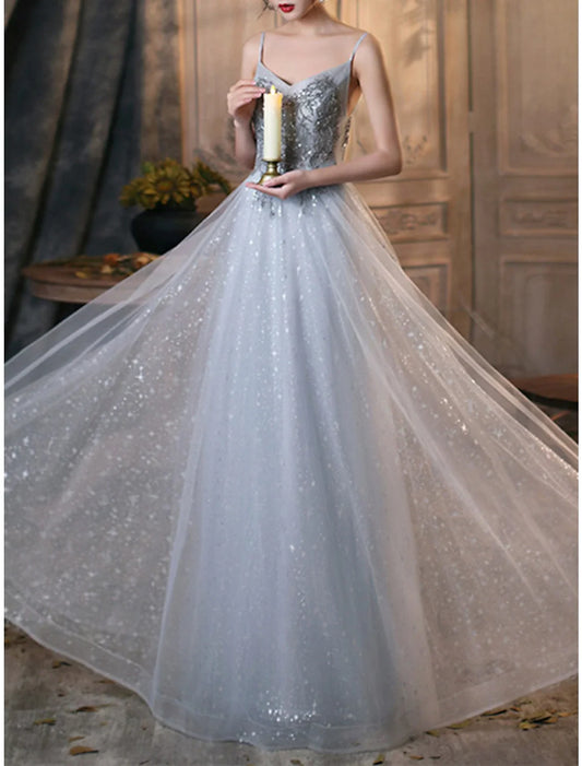 A-Line Prom Dresses Elegant Dress Wedding Guest Prom Floor Length Sleeveless Spaghetti Strap Tulle with Pleats Beading