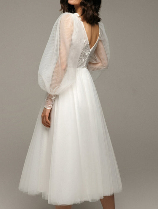 Hall Vintage Little White Dresses Wedding Dresses A-Line V Neck Long Sleeve Tea Length Satin Bridal Gowns With Appliques Solid Color