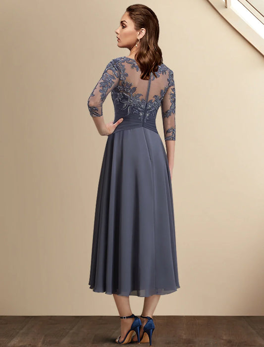 A-Line Mother of the Bride Dress Wedding Guest Elegant High Low Jewel Neck Asymmetrical Tea Length Chiffon Lace 3/4 Length Sleeve with Sequin Appliques Fall