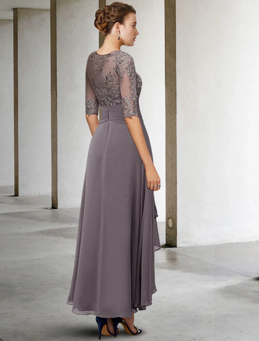 A-Line Mother of the Bride Dress Fall Wedding Guest Dresses Elegant High Low V Neck Asymmetrical Ankle Length Chiffon Lace Half Sleeve with Beading Appliques