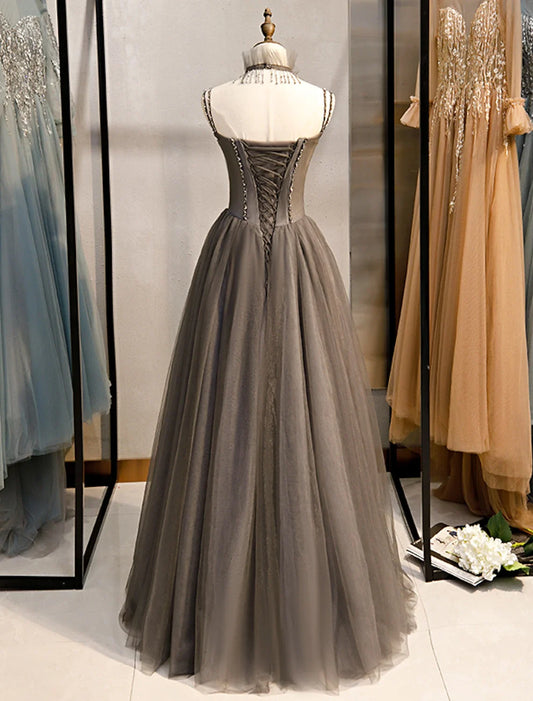 A-Line Evening Dresses Open Back Dress Formal Wedding Guest Floor Length Sleeveless Spaghetti Strap Tulle