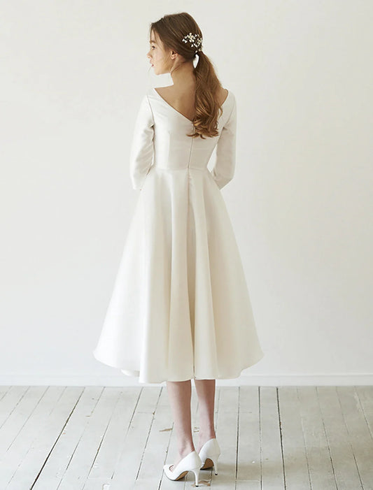 Bridal Shower Wedding Dresses Vintage Simple Wedding Dresses A-Line Illusion Neck Sleeveless Tea Length Lace Bridal Gowns With Appliques Summer Wedding Party