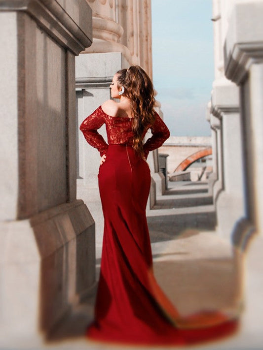 Woven Satin Applique Off-the-Shoulder Long Sleeves Sweep/Brush Train Dresses