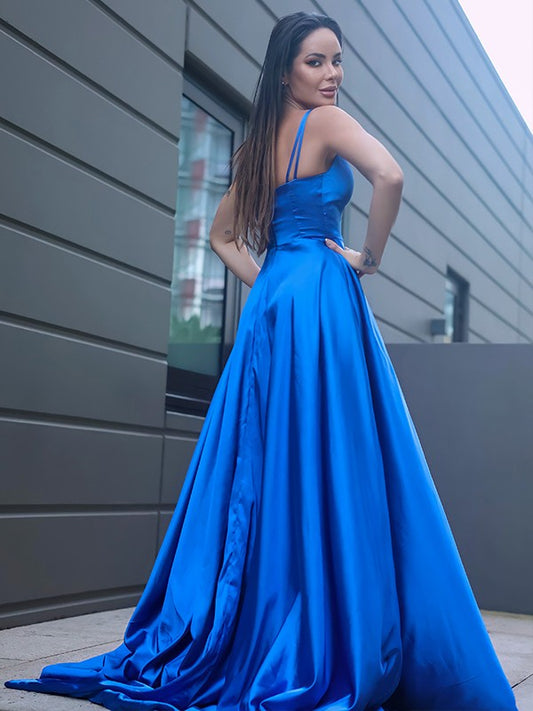 Silk like Satin Ruffles V-neck Sleeveless Sweep/Brush Train Dresses