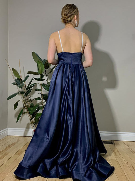 Satin Ruffles V-neck Sleeveless Sweep/Brush Train Dresses