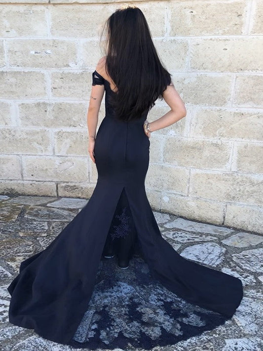 Satin Lace Off-the-Shoulder Sleeveless Sweep/Brush Train Dresses