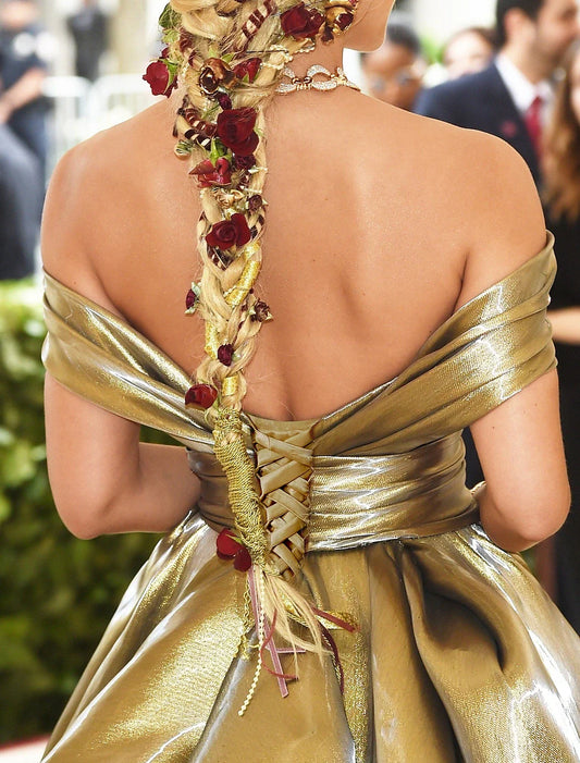 A-Line Evening Gown Gold Prom Dress Carnival Celebrity Sparkle Dress Floor Length Sleeveless Off Shoulder Satin