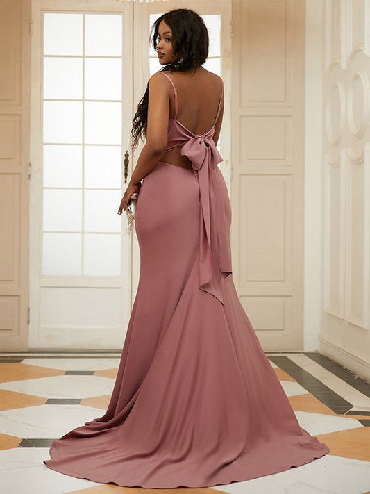 Woven Satin Ruched Spaghetti Straps Sleeveless Sweep/Brush Train Dresses