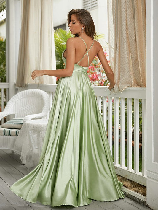 Satin Ruffles Spaghetti Straps Sleeveless Sweep/Brush Train Dresses