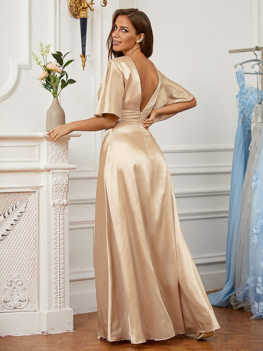 Silk like Satin Ruched V-neck Short Sleeves Floor-Length Dresses