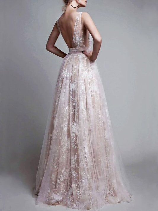 V-neck Floor-Length Tulle Sleeveless Applique Dresses