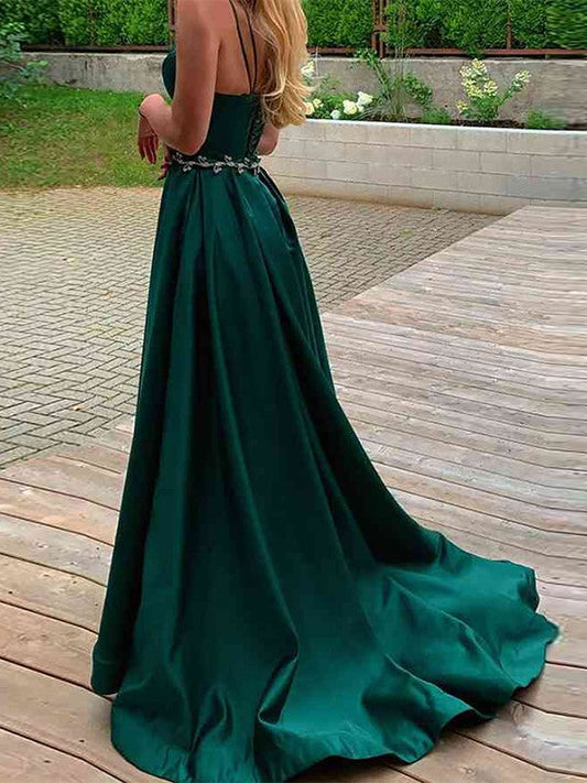 Woven Satin Spaghetti Straps Sleeveless Sweep/Brush Train Dresses