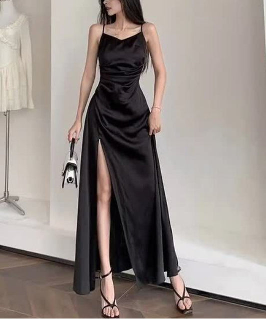 A Line Satin Spaghetti Straps Prom Dresses With Slit