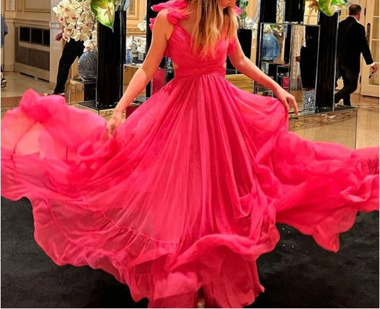 A-line Lace-Up Ruffle Shoulder Plunging V Neck Long Prom Dress
