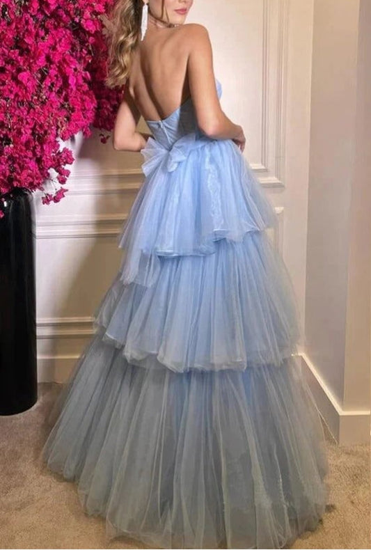A-line Tiered Tulle Sweetheart Floor Length Prom Dresses
