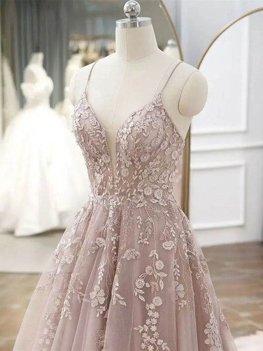 A-Line Pink Tulle Lace Long Prom Dresses
