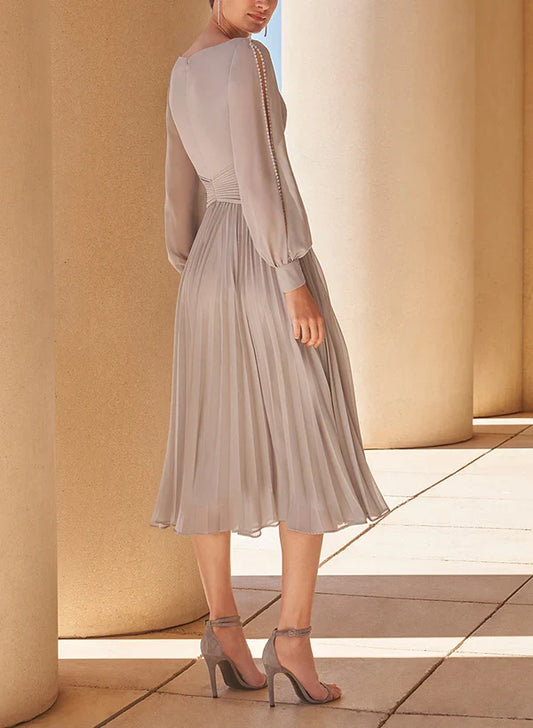 Blush Satin A‑Line V‑Neck Bishop‑Sleeve V‑Back Tea‑Length Mother Of The Bride Dress