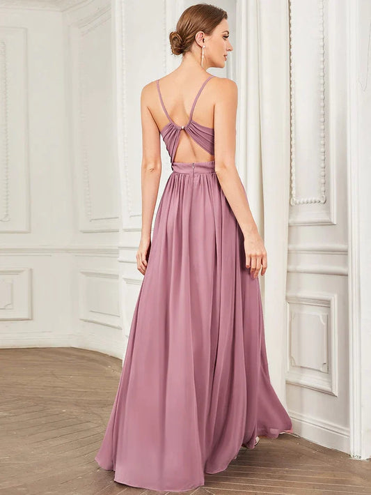 Mauve Chiffon A‑Line Pleated V‑Neck Spaghetti‑Strap Keyhole Open‑Back Floor‑Length Bridesmaid Dresses