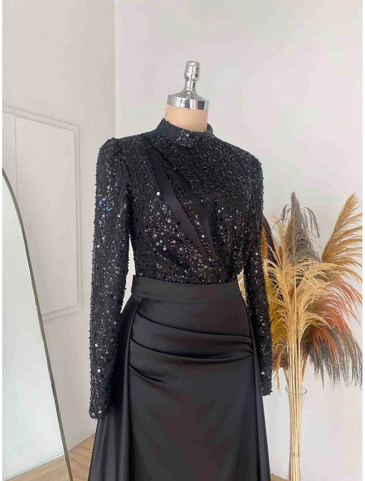 Sheath Formal Dress Evening Gown Red Green Dress Formal Sweep / Brush Train Long Sleeve Jewel Neck Satin