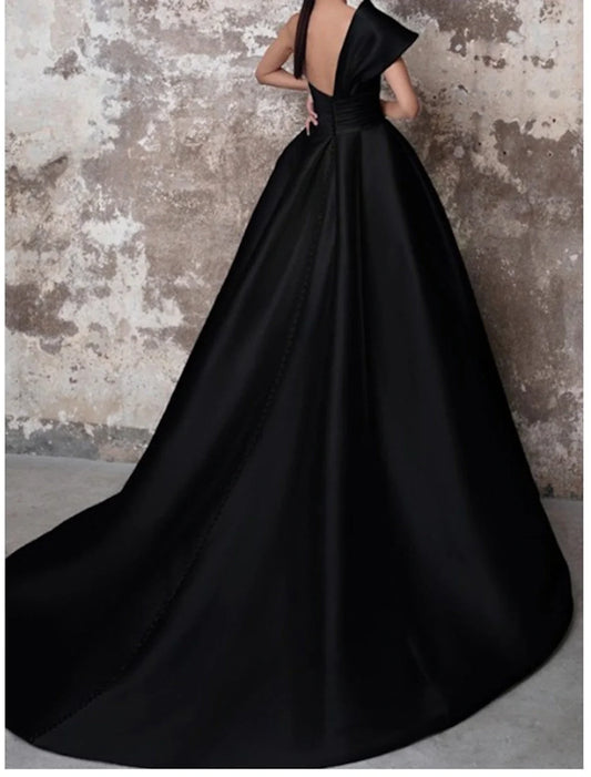 A-Line Evening Gown Party Black Dress Party Wear Church Court Train Sleeveless One Shoulder Italy Satin Backless