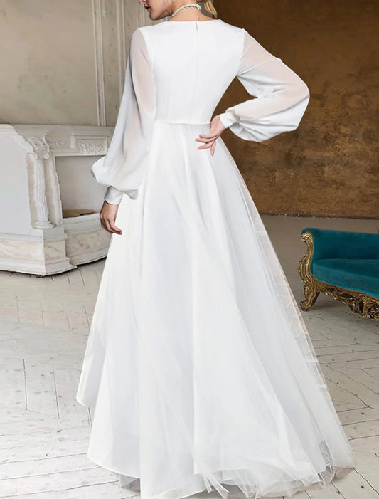 White Chiffon A‑Line Surplice V‑Neck Bishop Long‑Sleeve High‑Back High‑Low Train Wedding Dress