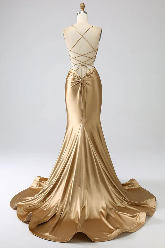 Mermaid Spaghetti Straps Satin Long Prom Dress With Lace-Up Back
