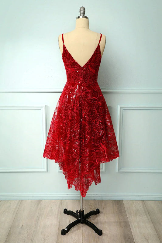 A-Line Irregular Hem Burgundy Lace V-Neck Short Prom Dress