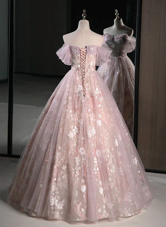 A-line Pink Off Shoulder Sweetheart Lace and Tulle Prom Dress