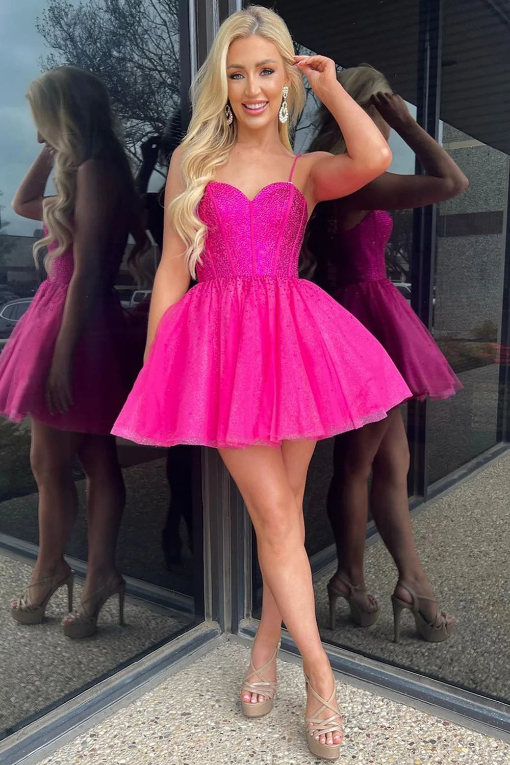 A-Line Spaghetti Straps Hot Pink Short Homecoming Dress with Beading