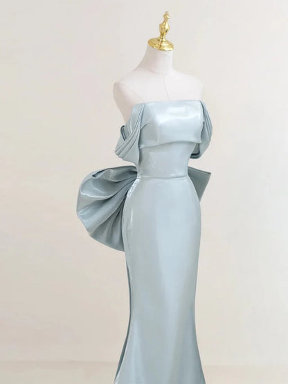 Simple Off Shoulder Satin Blue Long Prom Dress
