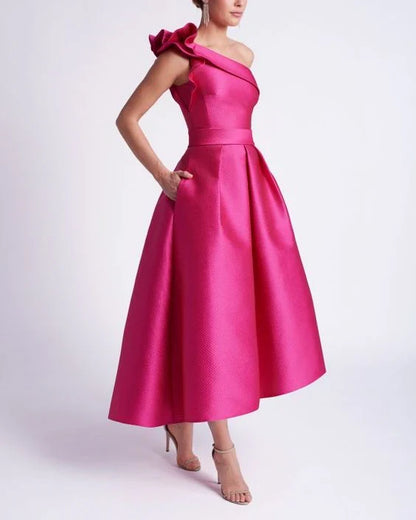 A-Line One-Shoulder Tea-Length Prom Dresses