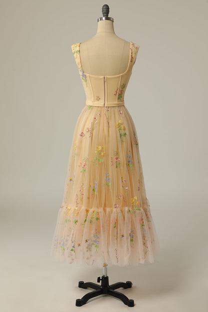 A Line Sweeheart Champagne Prom Dress with Embroidery