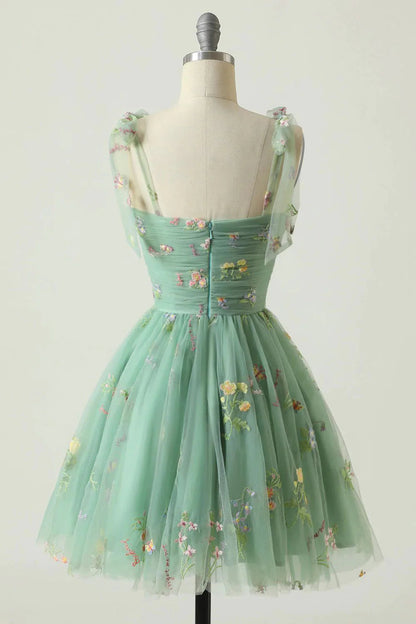 A Line Spaghetti Straps Champagne Short Homecoming Dress with Embroidery