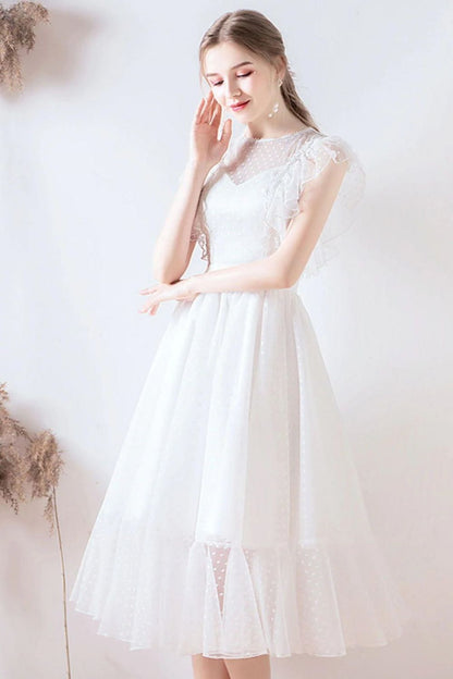 A Line Jewel White Formal Dress with Lace Ruffles
