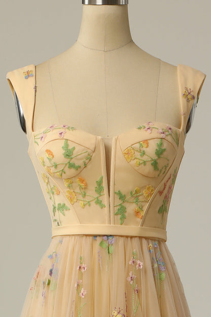 A Line Sweeheart Champagne Prom Dress with Embroidery