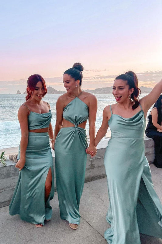 Simple Spaghetti Straps or Halter Mint Green Long Bridesmaid Dress