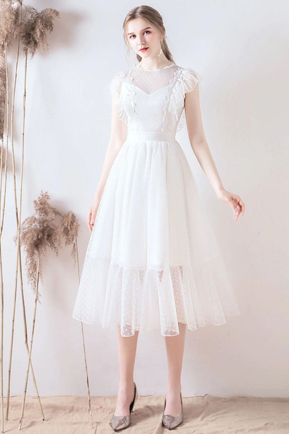 A Line Jewel White Formal Dress with Lace Ruffles
