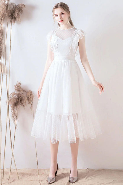A Line Jewel White Formal Dress with Lace Ruffles