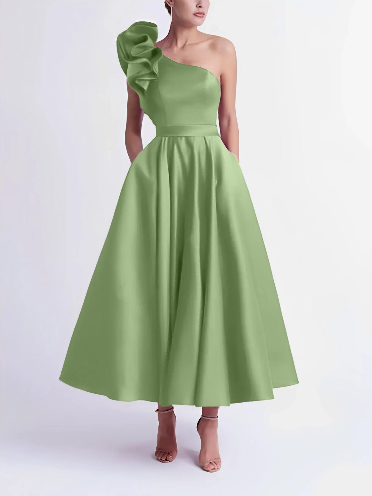 A-Line One-Shoulder Tea-Length Prom Dresses