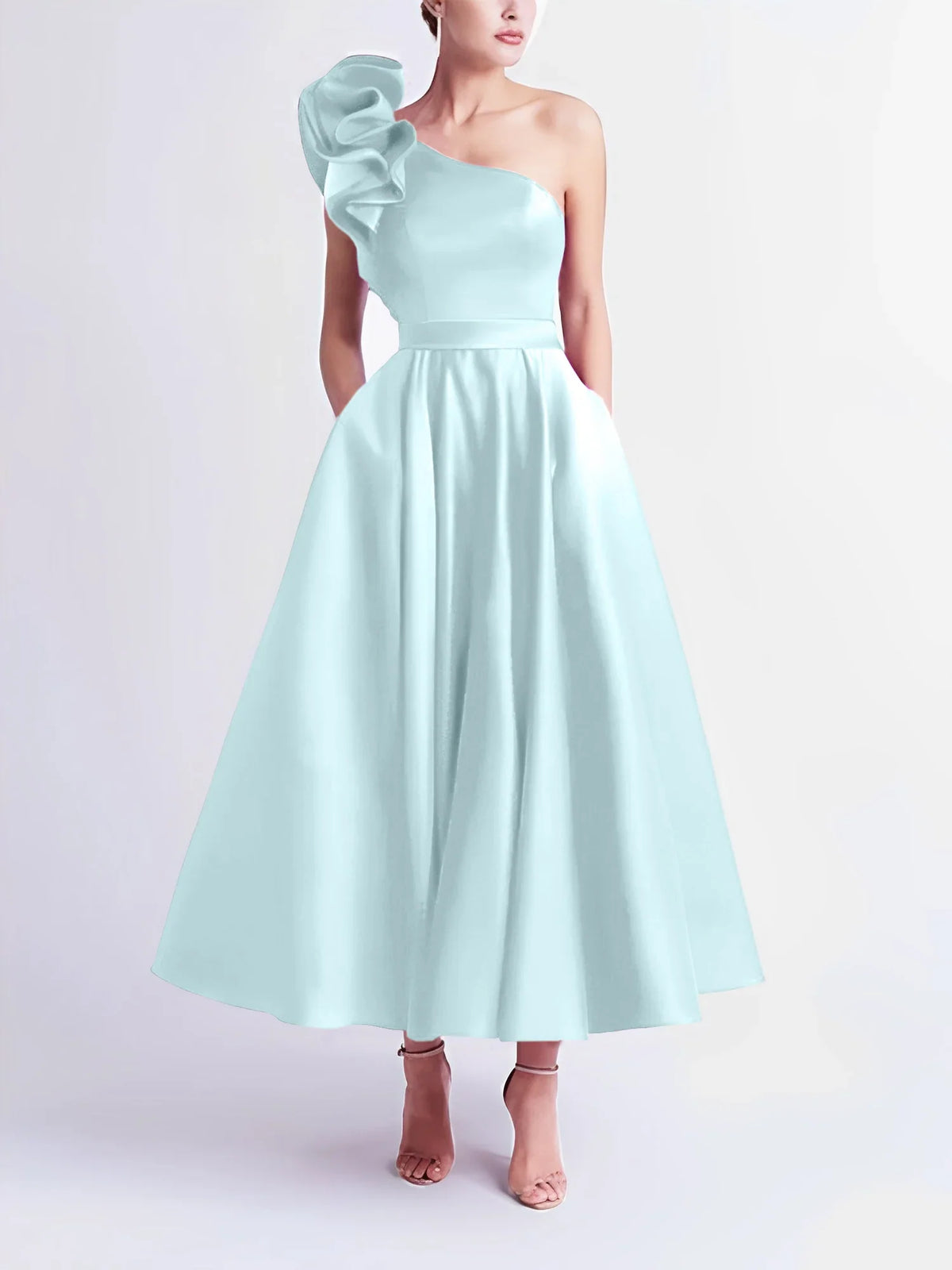 A-Line One-Shoulder Tea-Length Prom Dresses