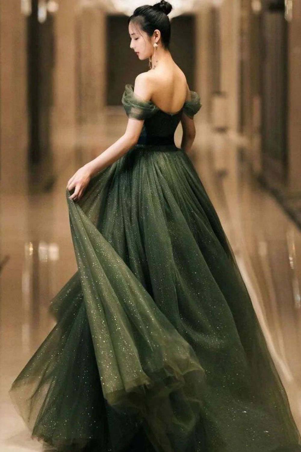 Elegant A Line Off the Shoulder Dark Green Long Prom Dress