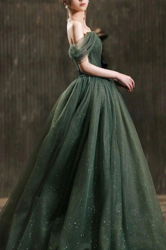 Elegant A Line Off the Shoulder Dark Green Long Prom Dress