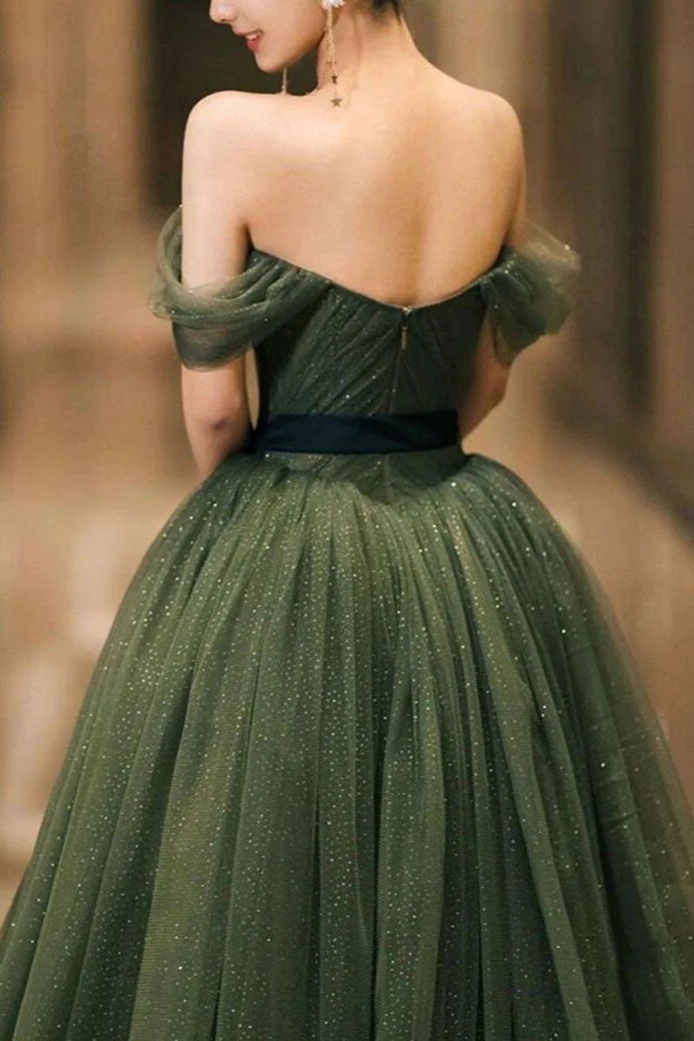 Elegant A Line Off the Shoulder Dark Green Long Prom Dress