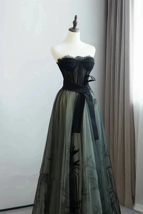 A-line Black and Green Tulle with Lace Long Prom Dress