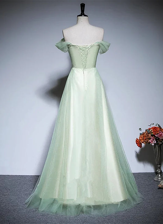 Light Green Tulle Off Shoulder A-line Prom Dress