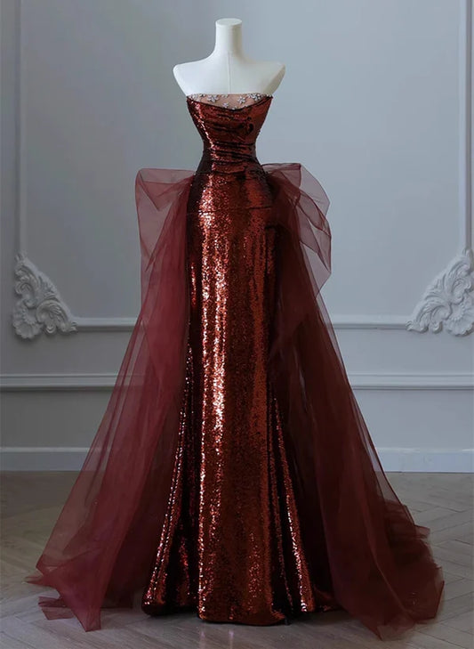 Wine Red Sequins and Tulle Beaded Long Party Prom Dress