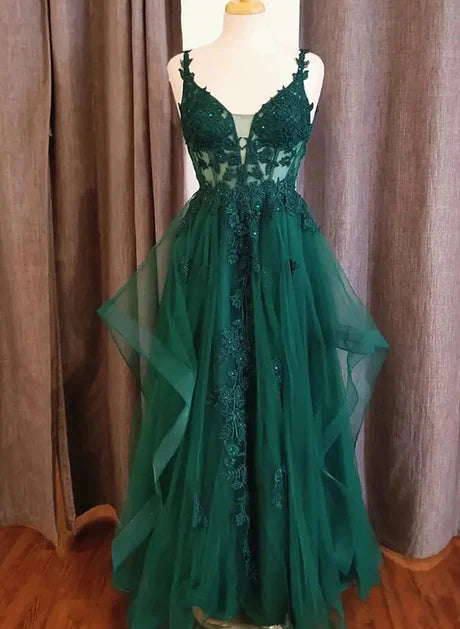 A-line V-neckline Tulle with Lace Prom Dress